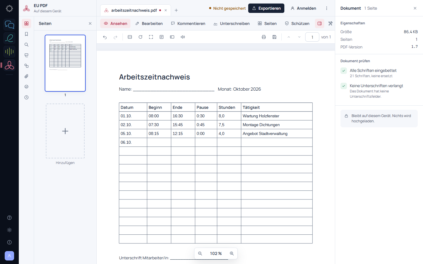 Ein Arbeitszeitnachweis in EU PDF, in dessen Tabelle Datum, Beginn, Ende, Pause, Stunden und Tätigkeit eingetragen sind.