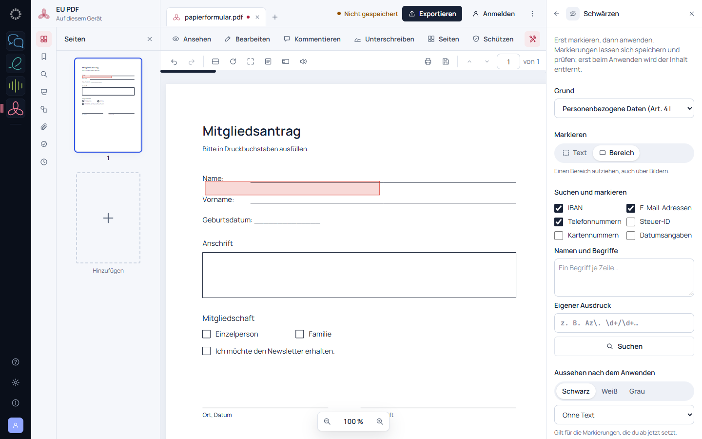 Schwärzen in EU PDF: ein markierter Bereich auf einem Mitgliedsantrag, rechts Grund, Suche nach IBAN, E-Mail-Adressen und Telefonnummern.